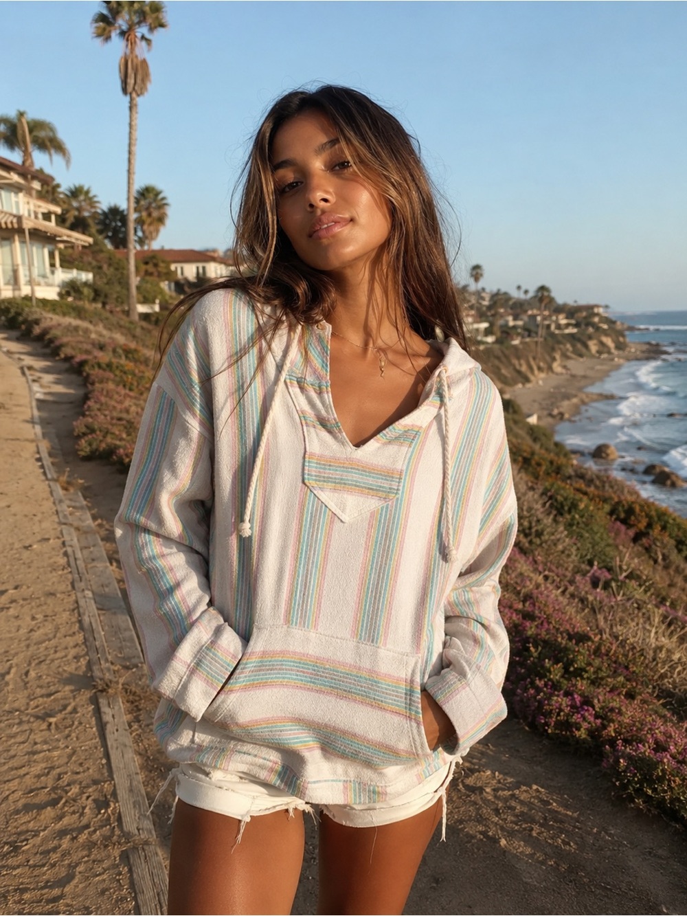 Pastel Striped Baja Hoodie XL Beach Pullover Coastal Boho Surf Sweatshirt